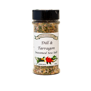 Lesley Elizabeth Dill & Tarragon Sea Salt—herbaceous seasoning perfect for seafood, poultry, and veggies. 250mL PET bottle adds fresh, vibrant flavor.