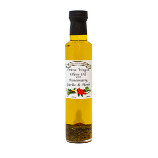 Lesley Elizabeth Olive Oil with Rosemary, Garlic & Herbs—fragrant, savory EVOO perfect for meats, bread, salads, bruschetta, or pizza. 250mL Dorica bottle.