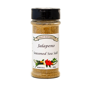 Lesley Elizabeth Jalapeño Seasoned Sea Salt—bold, spicy blend with garlic and onion, perfect for meats, rice, beans, and Southwest dishes. 250mL PET bottle.