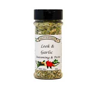Lesley Elizabeth Leek & Garlic Seasoning & Pesto—easy gourmet sauce base for pasta, pizza, or grilled meats. 250mL PET bottle adds savory depth.