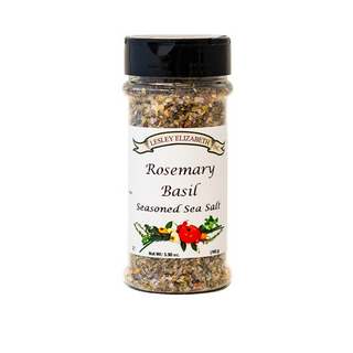 Lesley Elizabeth Rosemary & Basil Sea Salt—savory, aromatic seasoning for meats, veggies, and marinades. 252mL PET bottle adds herbal flavor to any dish.